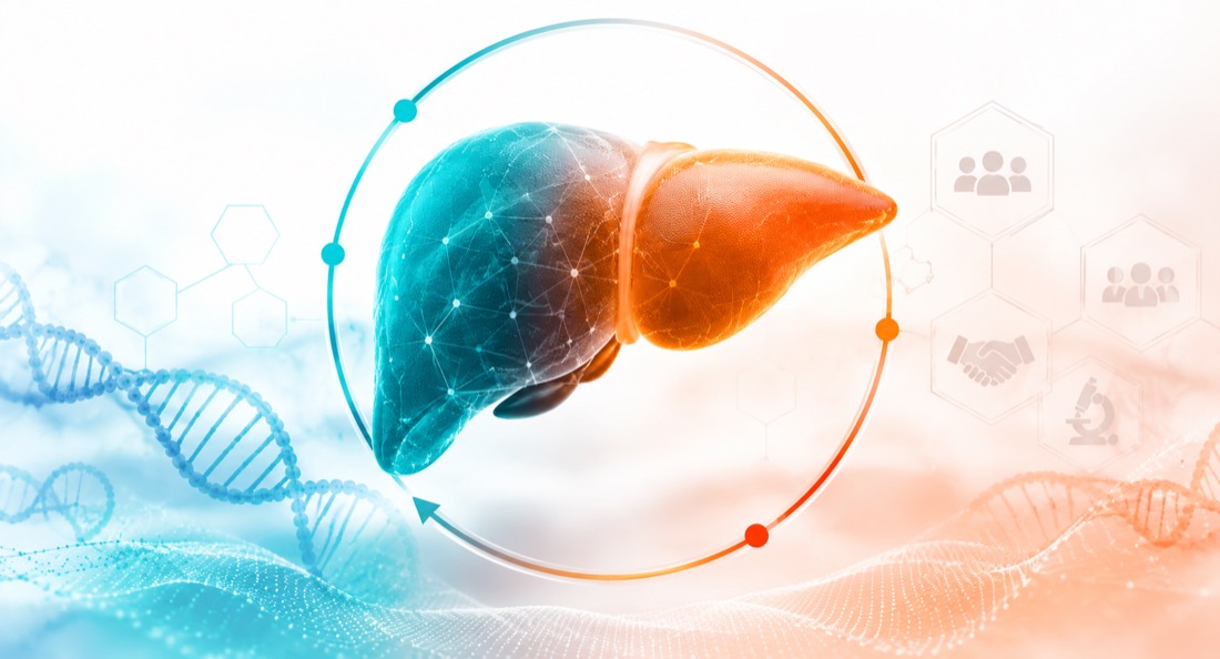 Stylized human liver with an AI network and DNA strands representing HelioLiver AI-based detection