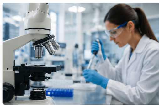 Scientist in a clinical laboratory examining a sample under a microscope