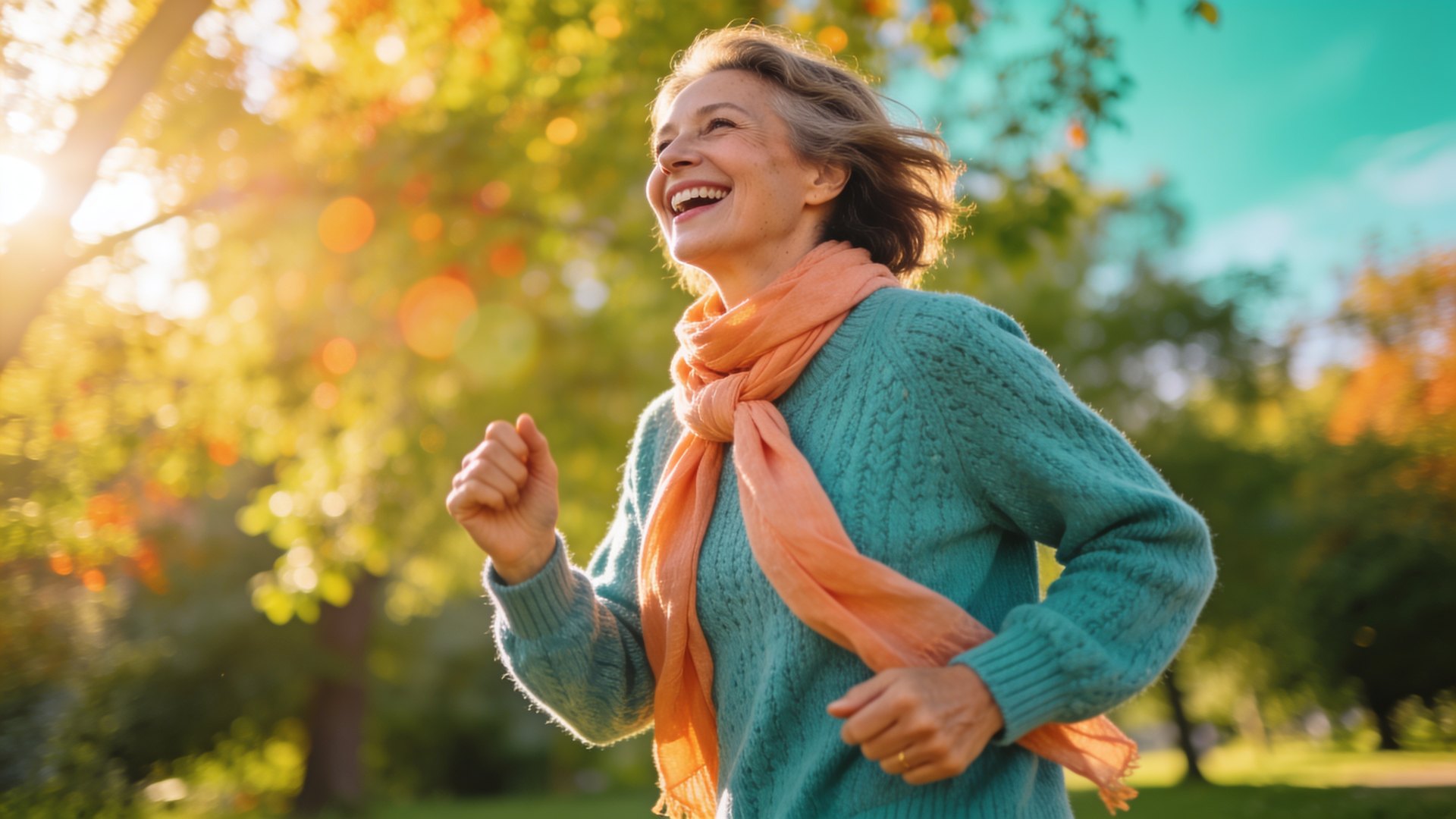 A joyful woman in her late fifties laughing during a sunlit morning walk in the park